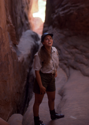 Interpretive Ranger Cathe Kusher leads a tour of the Fiery Furnace, Arches National Park, Utah