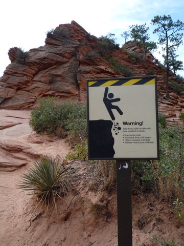 Scout Lookout, with warning sign, Zion Canyon National Park, UT