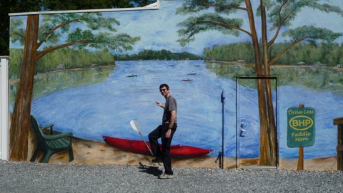 Posing with mural, Bel Haven Paddlesports, Green Bank, NJ