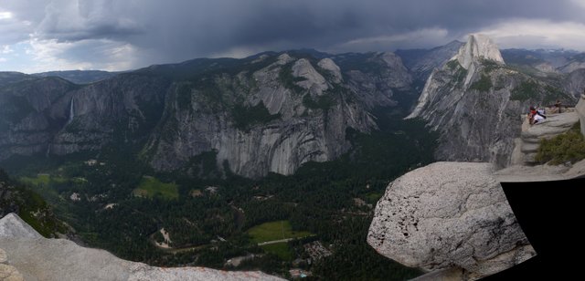 Yosemite Falls, Half Dome, Yosemite Valley and Curry Village; from Glacier Point, Yosemite National Park, California