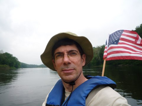 Posing at Delaware River, with American Flag