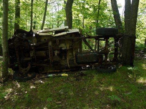 Wrecked pickup, red trail, Norvin Green State Forest, NJ