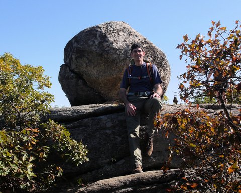 Posing in front of boulder, Norvin Green State Forest, NJ