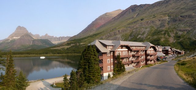 Many Glacier Hotel, Swiftcurrent Lake, and Mount Wilbur; Glacier National Park, Montana