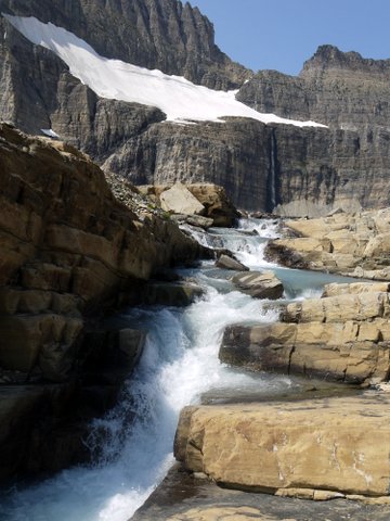 Runoff from Upper Grinnell Lake to Grinnell Falls, with Salamander Glacier Above; Glacier National Park, Montana