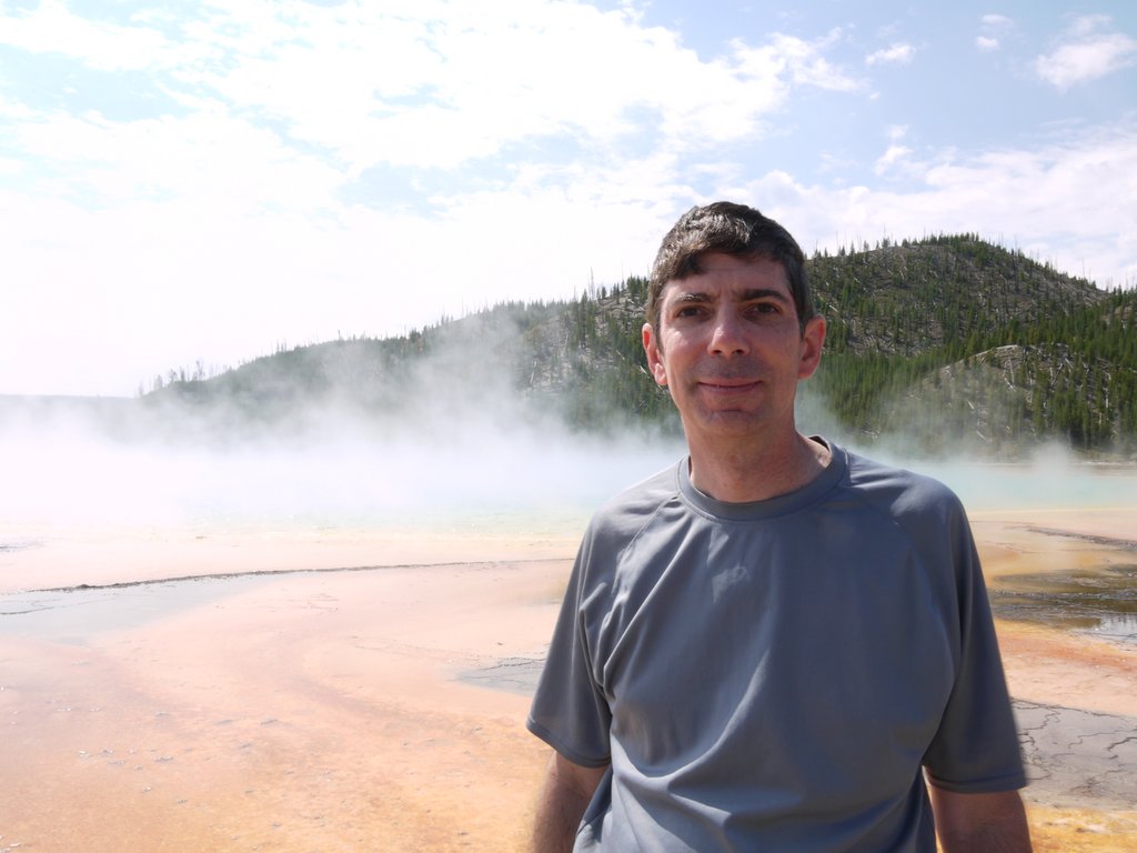 Posing in Front of Grand Prismatic Spring, Midway Geyser Basin, Yellowstone National Park, Wyoming