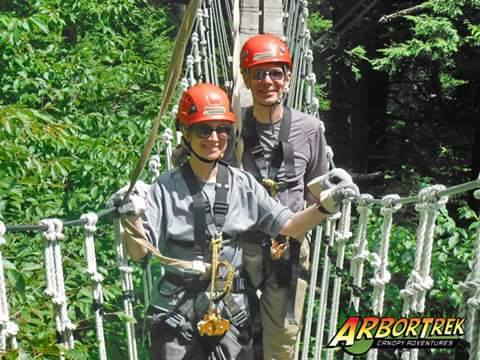 Crossing a rope bridge, ArborTrek Canopy Adventures, Jeffersonville, Lamoille County, Vermont