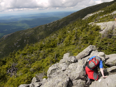 Batya scrambling toward the summit, Mt. Mansfield, Chittenden County, Vermont