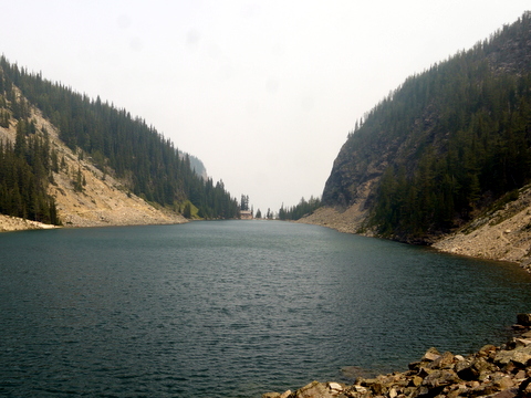 View along the length of Lake Agnes, from the southwestern end, Banff National Park, Alberta, Canada
