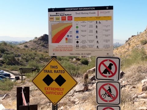 Piestewa Peak warning signs, Phoenix Mountain Preserve, Phoenix, Arizona